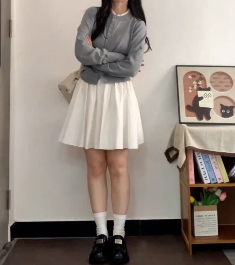 Round Neck Plain Button Up Cardigan / High Waist Mini Pleated Skirt