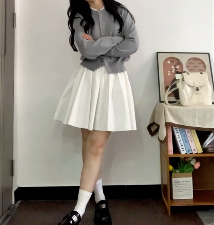 Round Neck Plain Button Up Cardigan / High Waist Mini Pleated Skirt