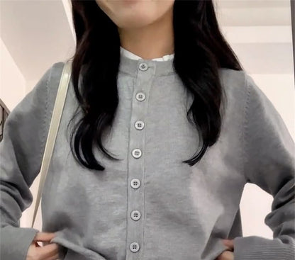 Round Neck Plain Button Up Cardigan / High Waist Mini Pleated Skirt