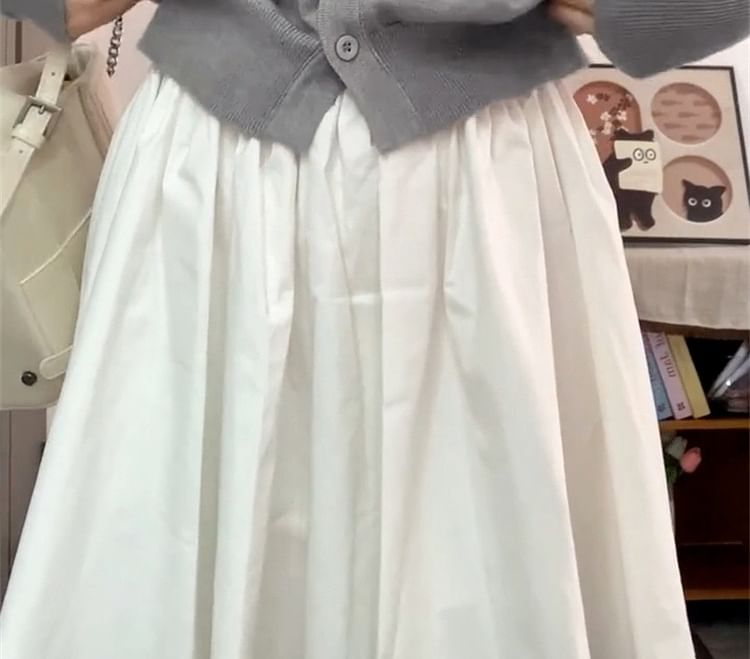 Round Neck Plain Button Up Cardigan / High Waist Mini Pleated Skirt