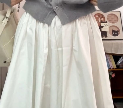 Round Neck Plain Button Up Cardigan / High Waist Mini Pleated Skirt