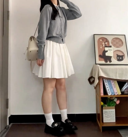 Round Neck Plain Button Up Cardigan / High Waist Mini Pleated Skirt