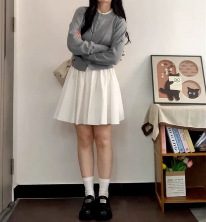 Round Neck Plain Button Up Cardigan / High Waist Mini Pleated Skirt