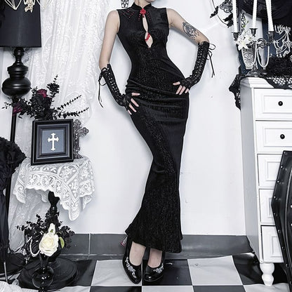 Sleeveless Rhinestone Cutout Maxi Qipao