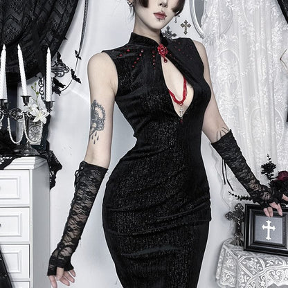 Sleeveless Rhinestone Cutout Maxi Qipao