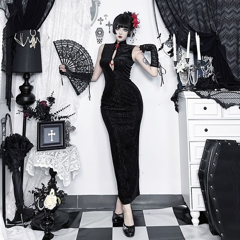 Sleeveless Rhinestone Cutout Maxi Qipao
