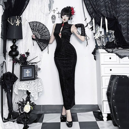 Sleeveless Rhinestone Cutout Maxi Qipao
