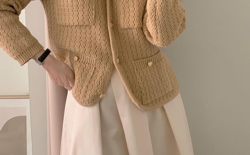 V-Neck Plain Pointelle Button Up Cardigan