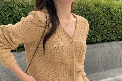 V-Neck Plain Pointelle Button Up Cardigan