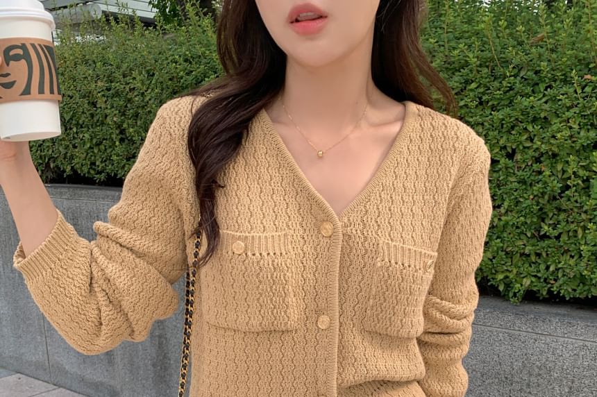 V-Neck Plain Pointelle Button Up Cardigan