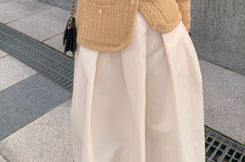 V-Neck Plain Pointelle Button Up Cardigan