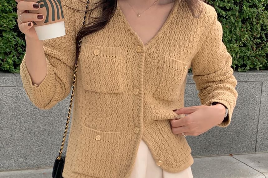 V-Neck Plain Pointelle Button Up Cardigan