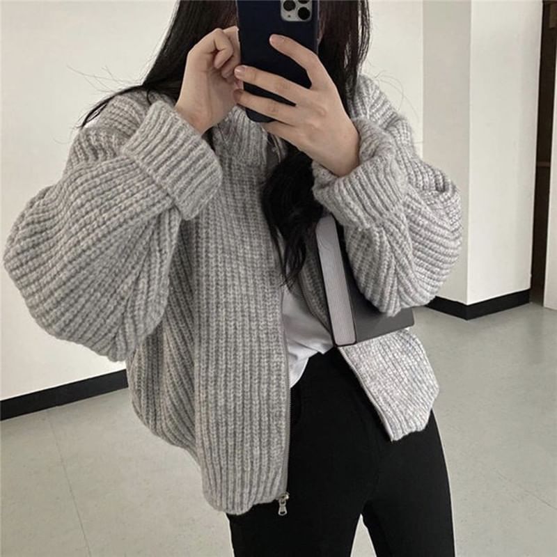 Round Neck Ribbed Zip Cardigan