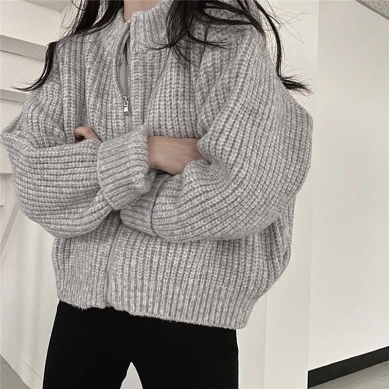 Round Neck Ribbed Zip Cardigan