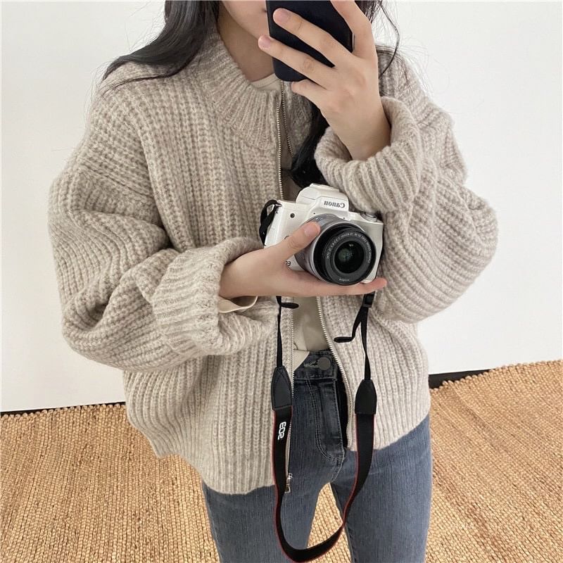 Round Neck Ribbed Zip Cardigan