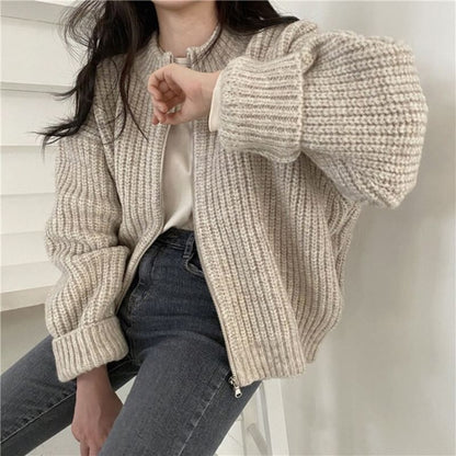Round Neck Ribbed Zip Cardigan