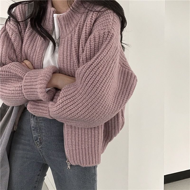 Round Neck Ribbed Zip Cardigan