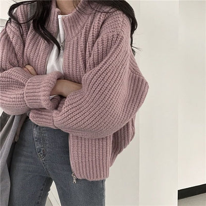 Round Neck Ribbed Zip Cardigan