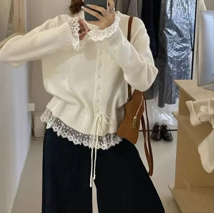 Round Neck Lace Panel Cardigan