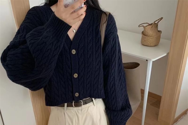 V-Neck Plain Cable Knit Cropped Cardigan