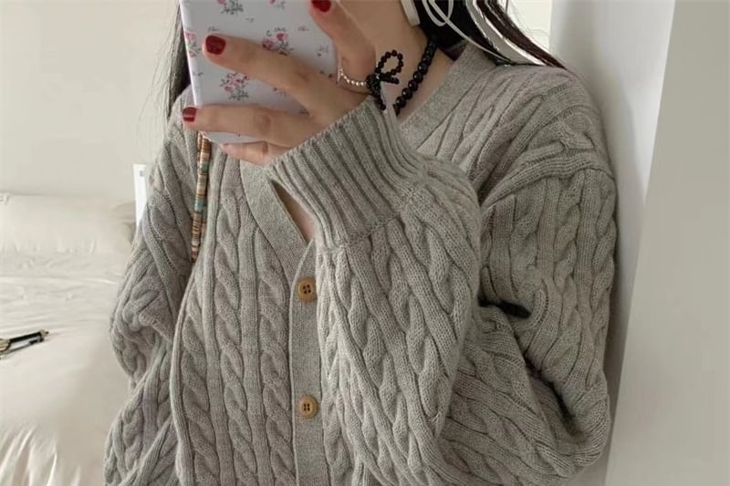 V-Neck Plain Cable Knit Cropped Cardigan