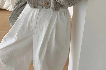 V-Neck Plain Cable Knit Cropped Cardigan