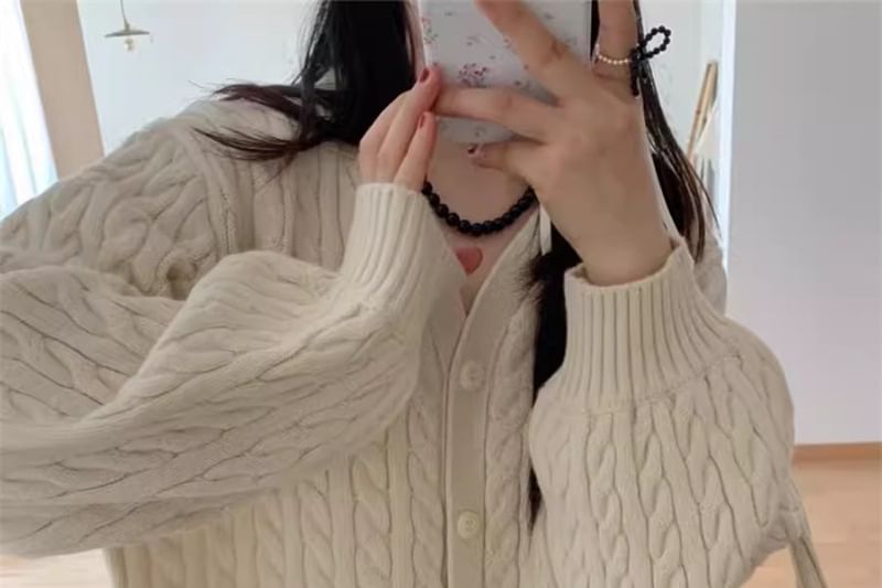 V-Neck Plain Cable Knit Cropped Cardigan