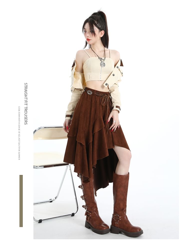 Ruffle Trim Asymmetrical Midi A-Line Skirt