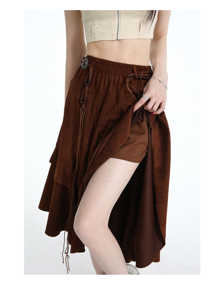 Ruffle Trim Asymmetrical Midi A-Line Skirt