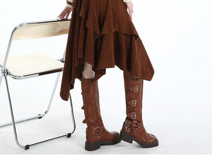 Ruffle Trim Asymmetrical Midi A-Line Skirt