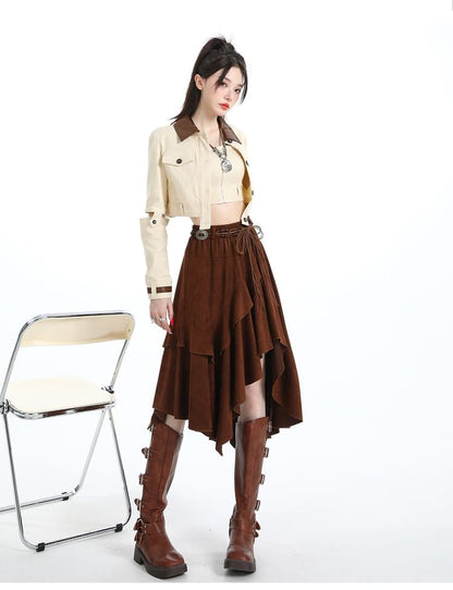 Ruffle Trim Asymmetrical Midi A-Line Skirt
