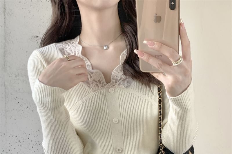 Lace-Trimmed V-Neck Knit Pullover with Long Sleeves