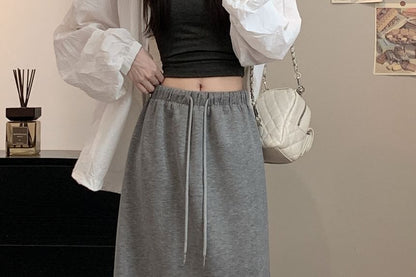 Drawstring Waist Maxi A-Line Skirt