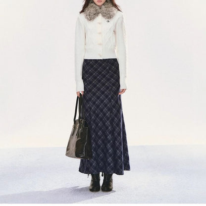 Faux Fur Collar Cable Knit Toggle Cardigan