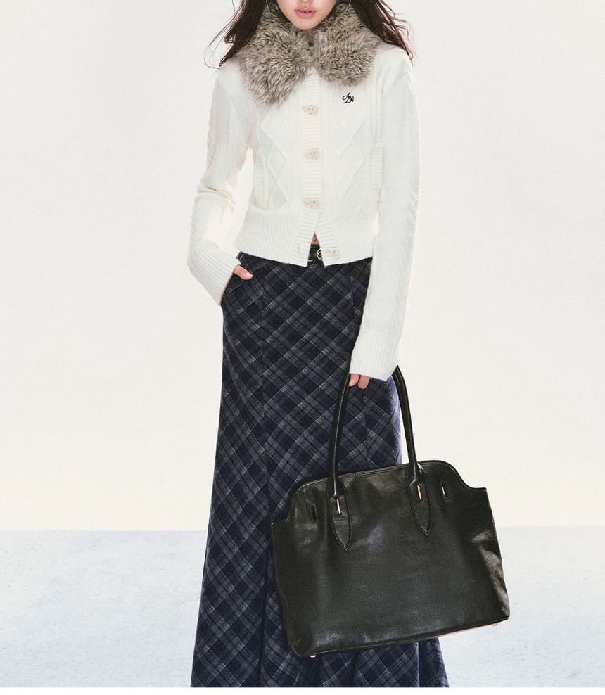 Faux Fur Collar Cable Knit Toggle Cardigan