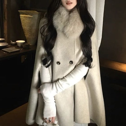 Detachable Faux Fur Collar Plain Double Breasted Cape