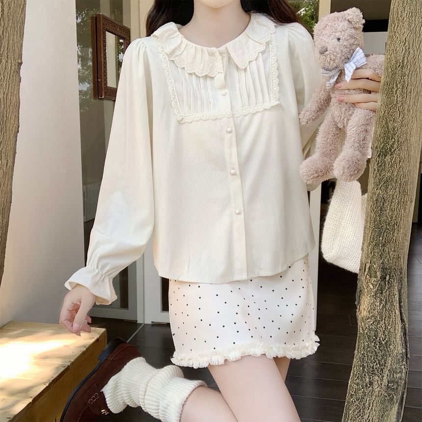 Long-Sleeve Lace Trim Corduroy Blouse