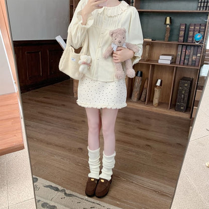 Long-Sleeve Lace Trim Corduroy Blouse