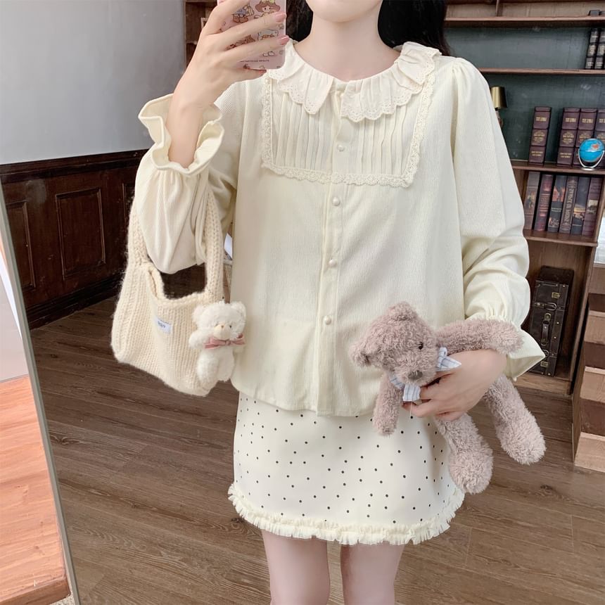 Long-Sleeve Lace Trim Corduroy Blouse