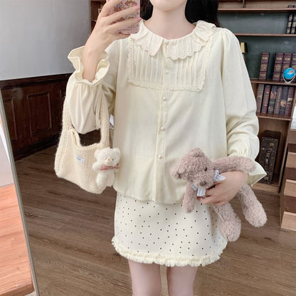 Long-Sleeve Lace Trim Corduroy Blouse