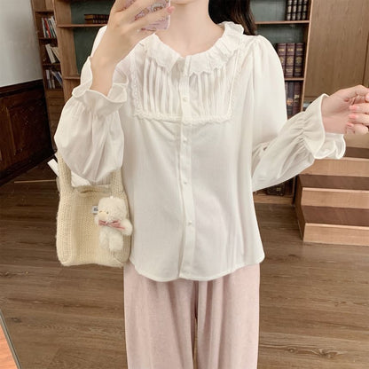 Long-Sleeve Lace Trim Corduroy Blouse