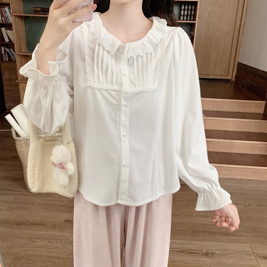 Long-Sleeve Lace Trim Corduroy Blouse