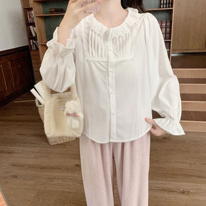Long-Sleeve Lace Trim Corduroy Blouse