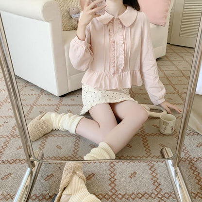 Long-Sleeve Pintuck Frill Trim Blouse