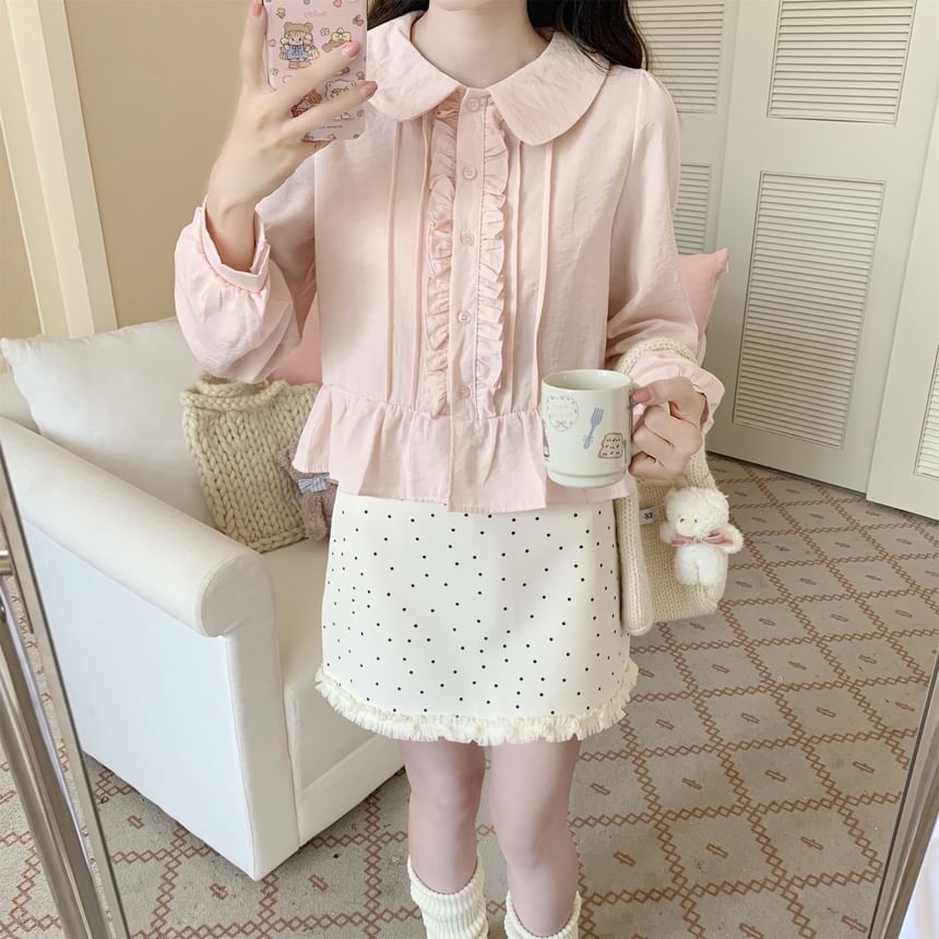 Long-Sleeve Pintuck Frill Trim Blouse