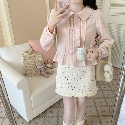 Long-Sleeve Pintuck Frill Trim Blouse
