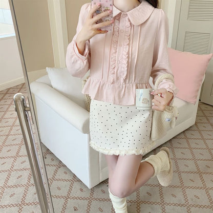 Long-Sleeve Pintuck Frill Trim Blouse