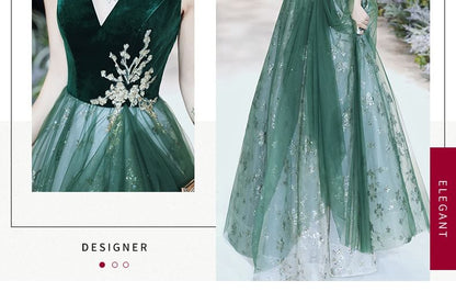 Sleeveless V-Neck Sequin Floral Applique Bow Velvet Panel Mesh A-Line Evening Gown / Midi Cocktail Dress