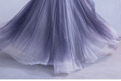 Spaghetti Strap Floral Applique Gradient Ruffle Mesh A-Line Evening Gown