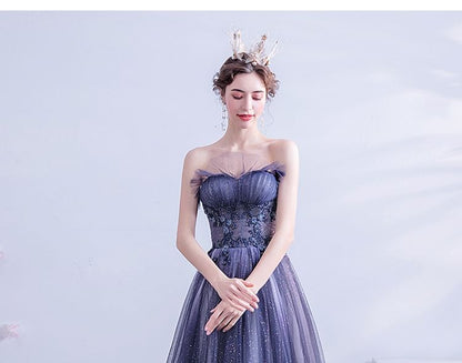 Spaghetti Strap Floral Applique Gradient Ruffle Mesh A-Line Evening Gown